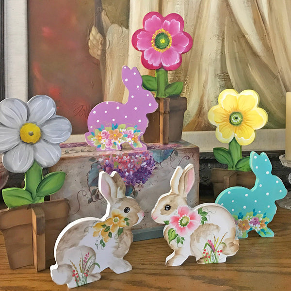 17 in. Unfinished Slotted Wooden Flowers and bunnies